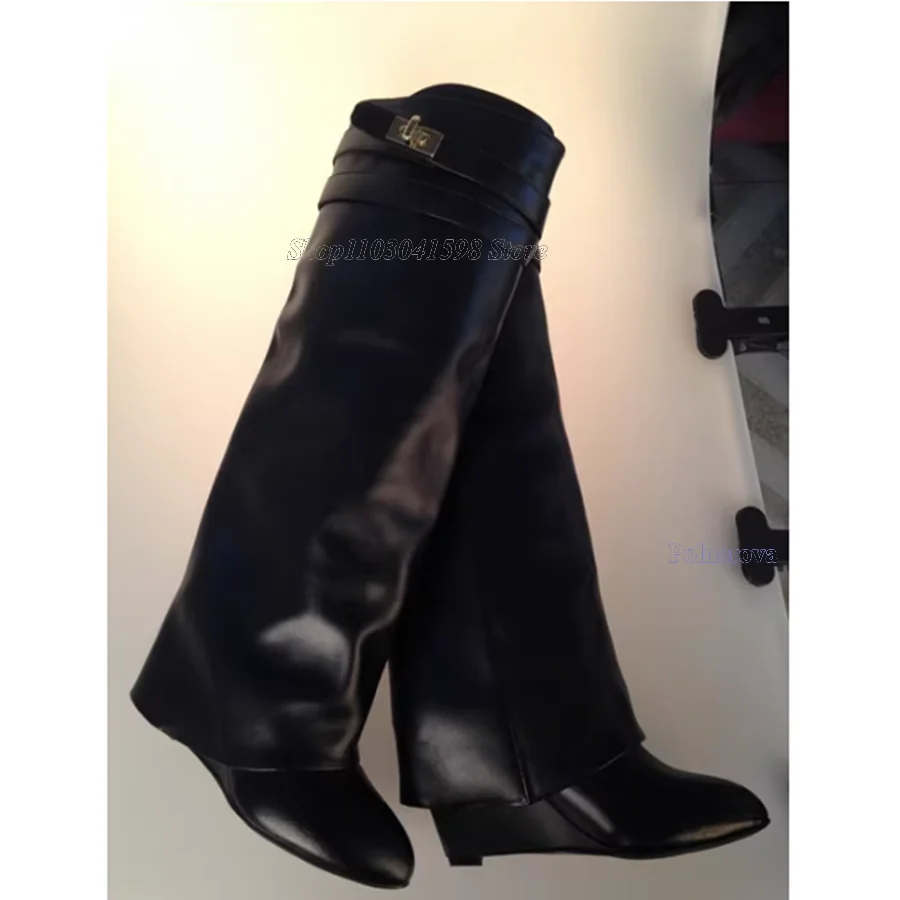 Buttoned Leather Knee High Boots Fall Fashion Straight Boots Comfortable Pointed Toe Slope Heel Women Shoes Heels 2023 Plus Size