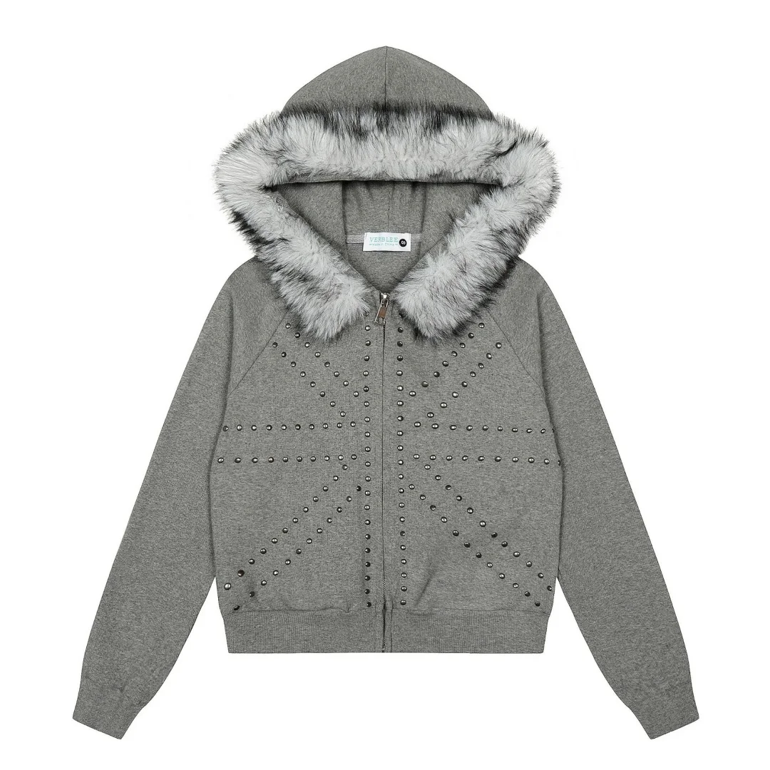 アメリカンヴィンテージ レベルガール エッジィネイルアートデザイン コージーフェイクファーカラー フード付きスウェットシャツ カーディガン