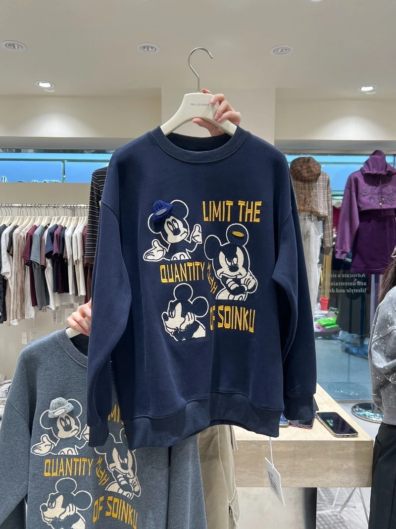 Loose Oversized Sweatshirt For Women's 2025 Autumn Winter Cartoon Embroidery Stylish Youthful Round Neck Pullover Hoodies Ladies