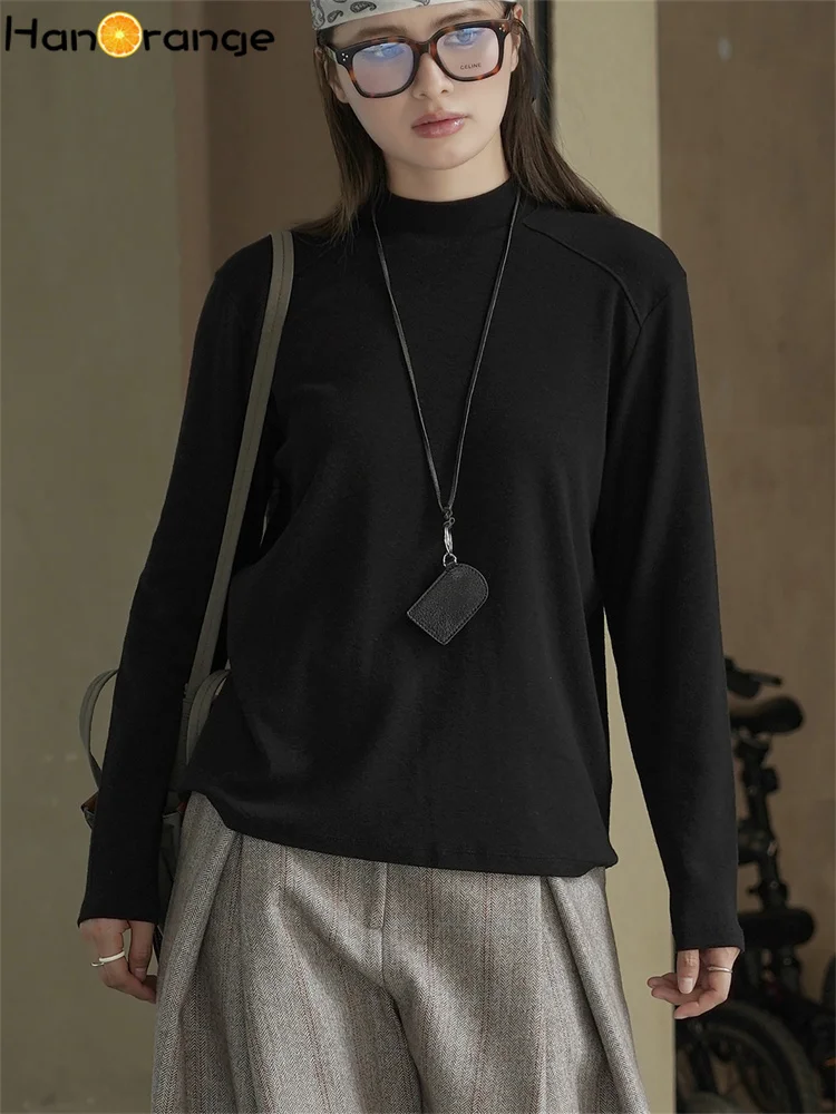 

HanOrange 2026 Весенне-осенняя простая женская футболка с воротником-стойкой, с длинным рукавом, удобная, белая/черная