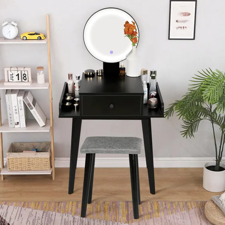 Comò intelligente da 28 pollici di larghezza con sgabello e specchio Comò elegante, moderno e semplice