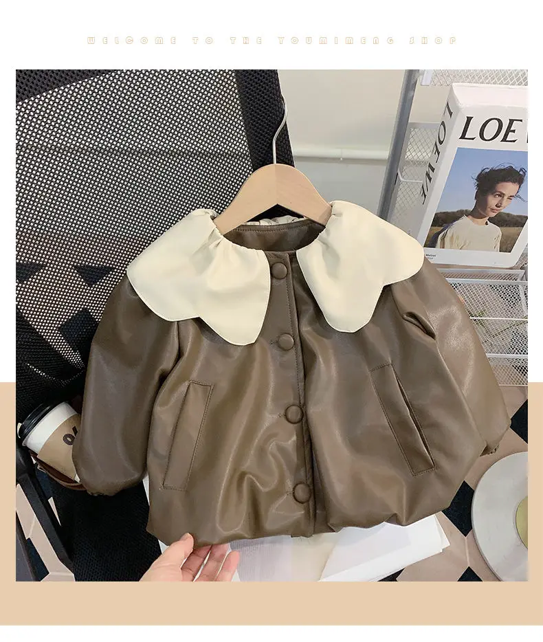 Baby Girls Coats Leather Jacket Fashion Turn-down Collar 2024 Autumn New Korean Style Childrens Fur Coats Clothe