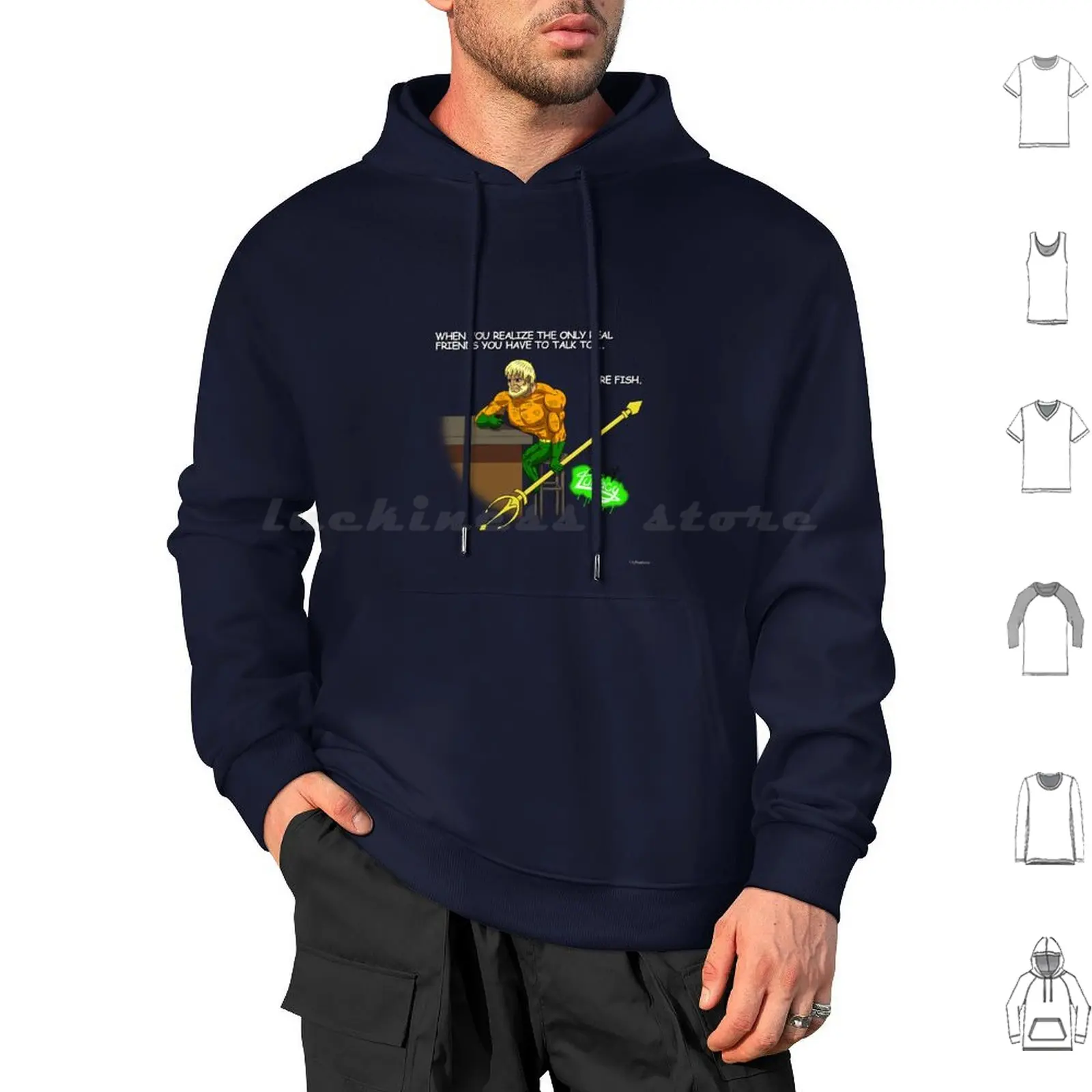 Sad Fish Man Hoodies Long Sleeve Superhero Cartoon Comic Comedy Hero Fish