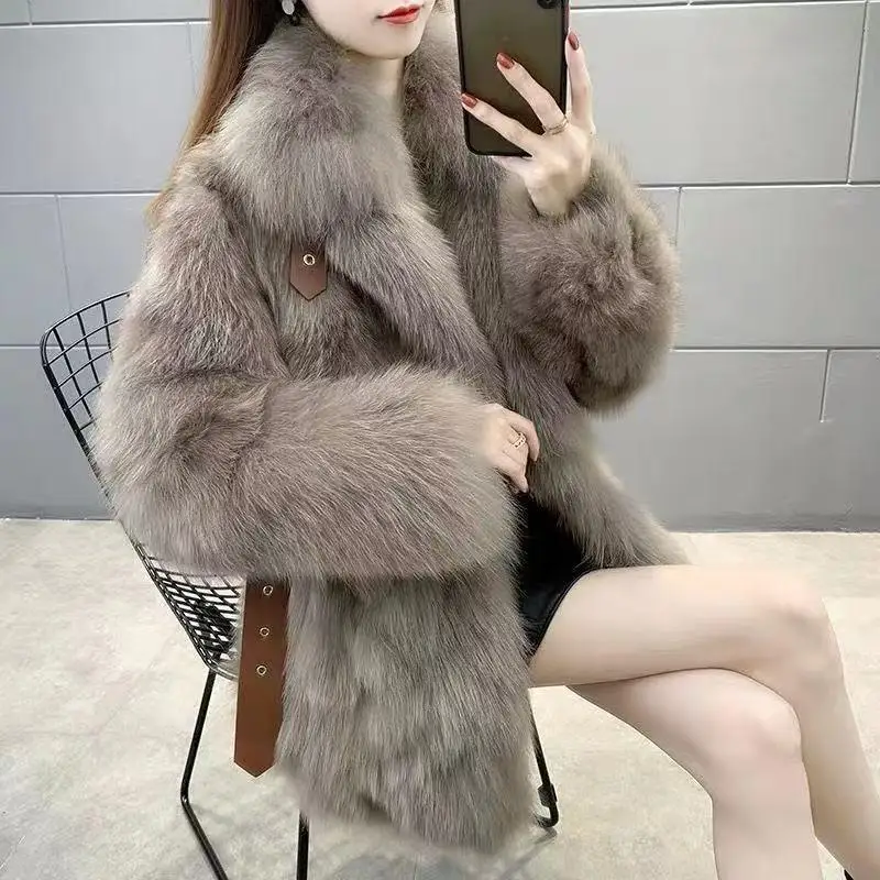 Pockets Women Imitation Mink Fur Mid-Long Thicken Jacket Slim Plush Coat High Quality Women Clothing New Fashion Autumn Winter