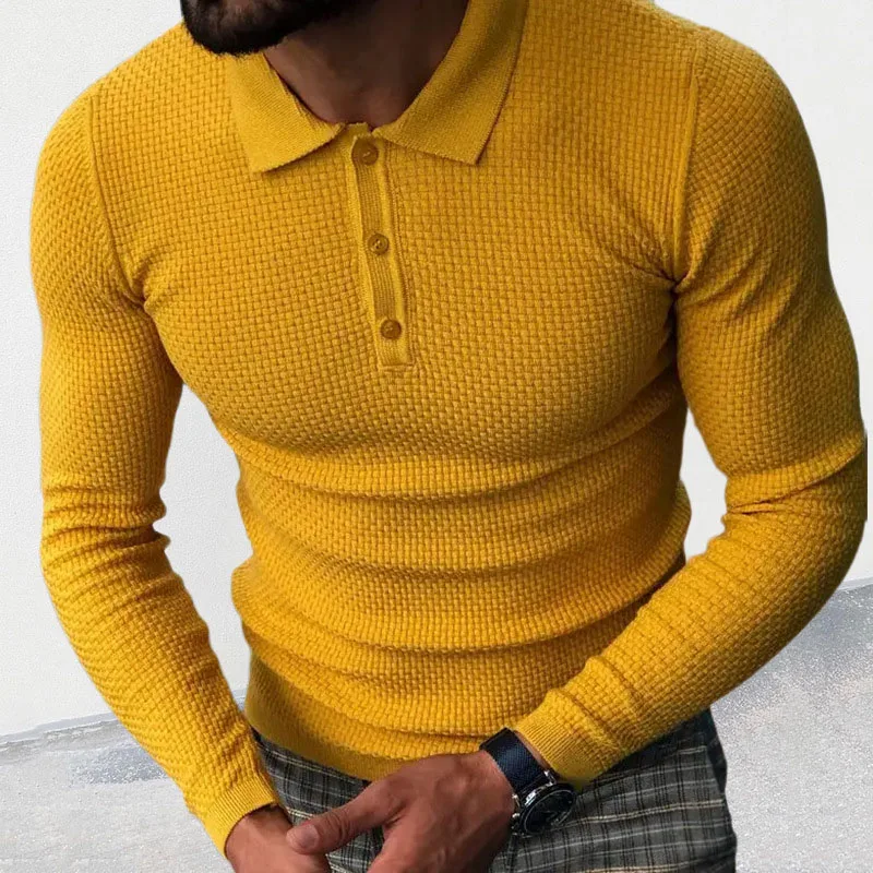 Herbst Männer Polos hirts gestrickt schlanke elastische Langarm Tops Vintage einfarbige Turn-Down-Kragen geknöpft Pullover Herren T-Shirt