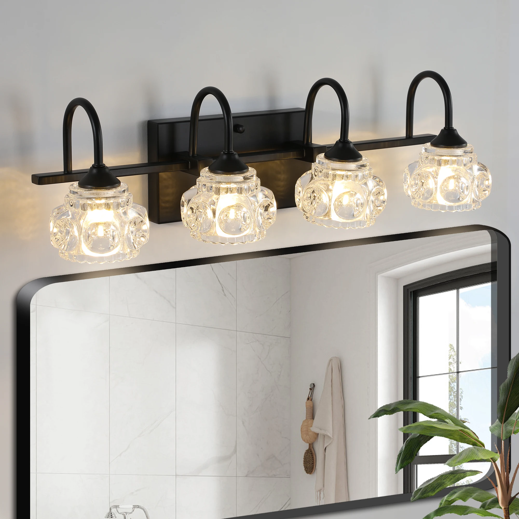 

23" Retro 4-Light Bathroom Vanity Light Fixture - Black Finish with Crystal Glass Shades, Wall Mounted Lighting