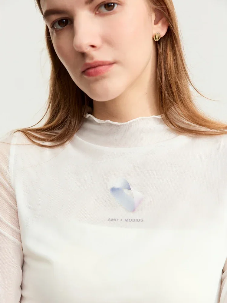 AMII Gedrukt Mesh T-shirt Voor Vrouwen Nieuwe 2025, Lente Slim-fit Basis Half Hoge Hals Hoge Stretch Basic gesplitste Tops Vrouwelijke 12343386