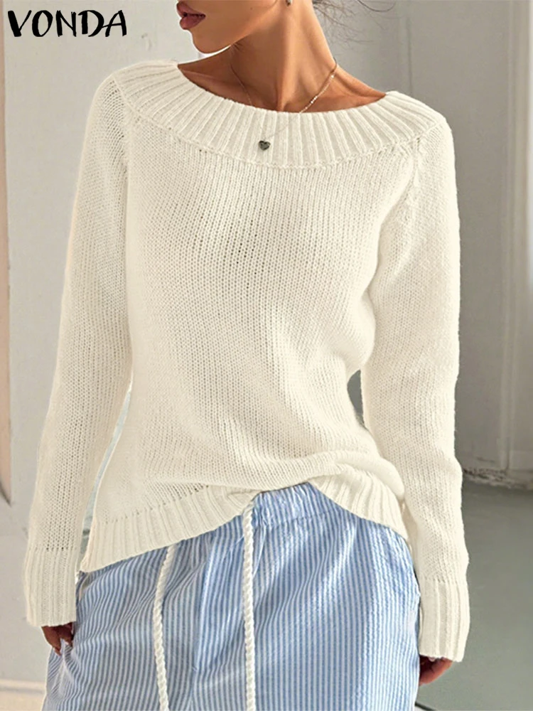 

VONDA Fashion Knitted Pullovers Sweaters Women Jumpers 2025 Autumn Long Sleeve Elegant Skew Collar White Tops Casual Knitwear