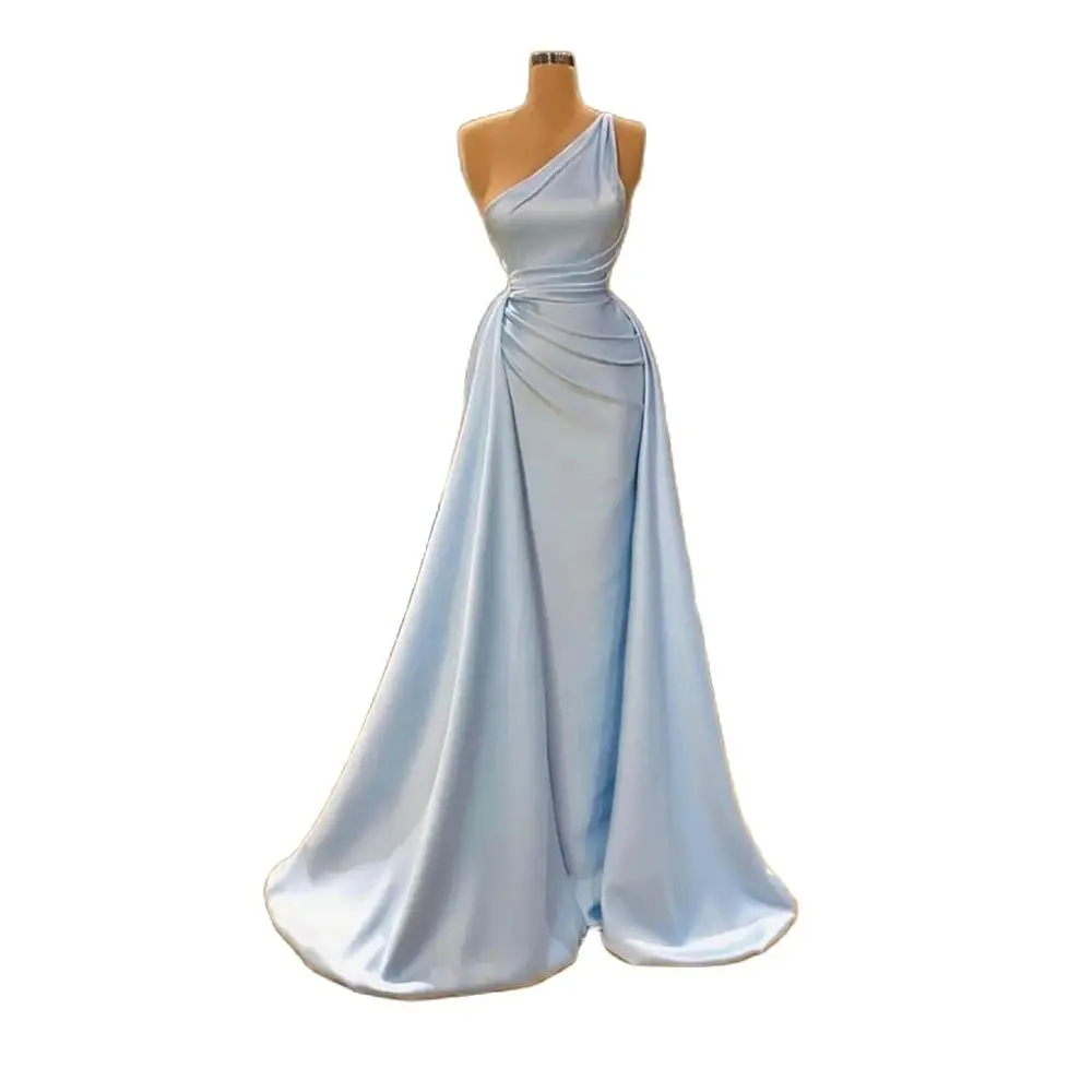 Chic Evening Dresses Baby Blue Sleeveless Sweep Train One Shoulder Prom Dress for Pretty Women Custom Vestidos de Viesta