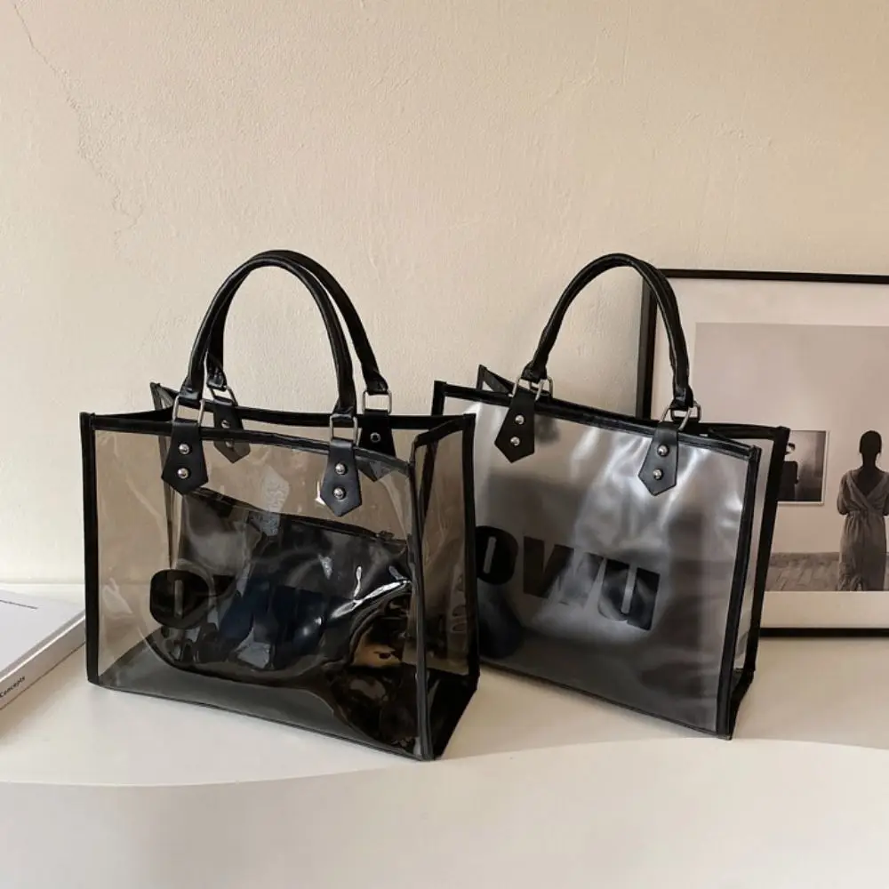 

Large Capacity Transparent Jelly Bag Frosted Tote Bag PU Leather Clear PVC Handbag Black Fashion PVC Composite Tote Bags School