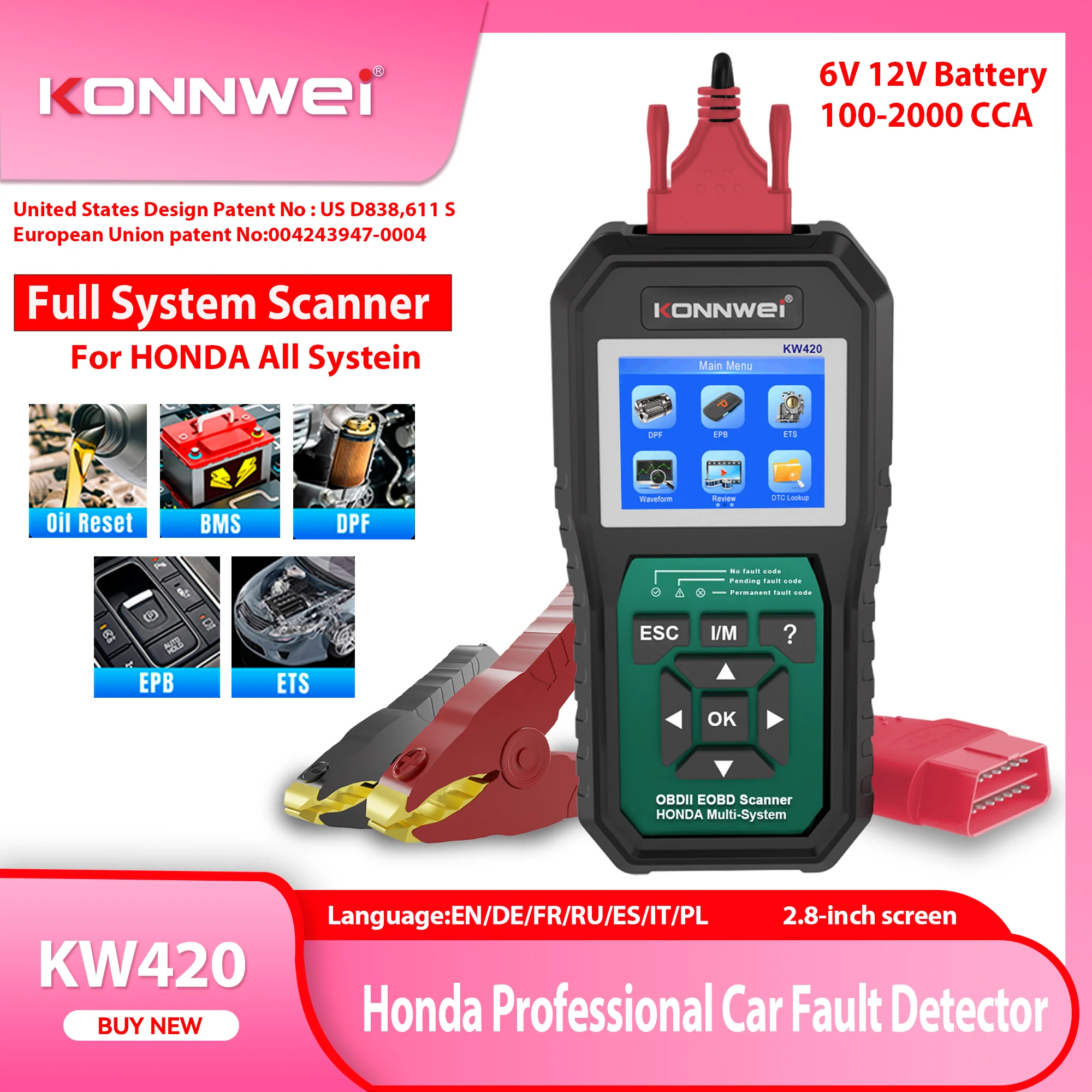 KONNWEI KW420 Full System OBD2 Diagnostic Tool Battery Tester 2in1 For Honda 6-12V Oil Reset SRS Code Reader Clear Trouble Code
