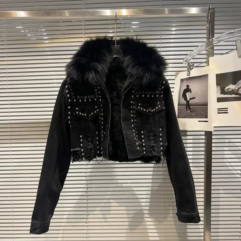 Real Fur Denim Jacket Women 2024 Autumn Fried Street Style Natural Fox Fur Collar + Rabbit Fur Liner Warm Rivet Short Jean Coat