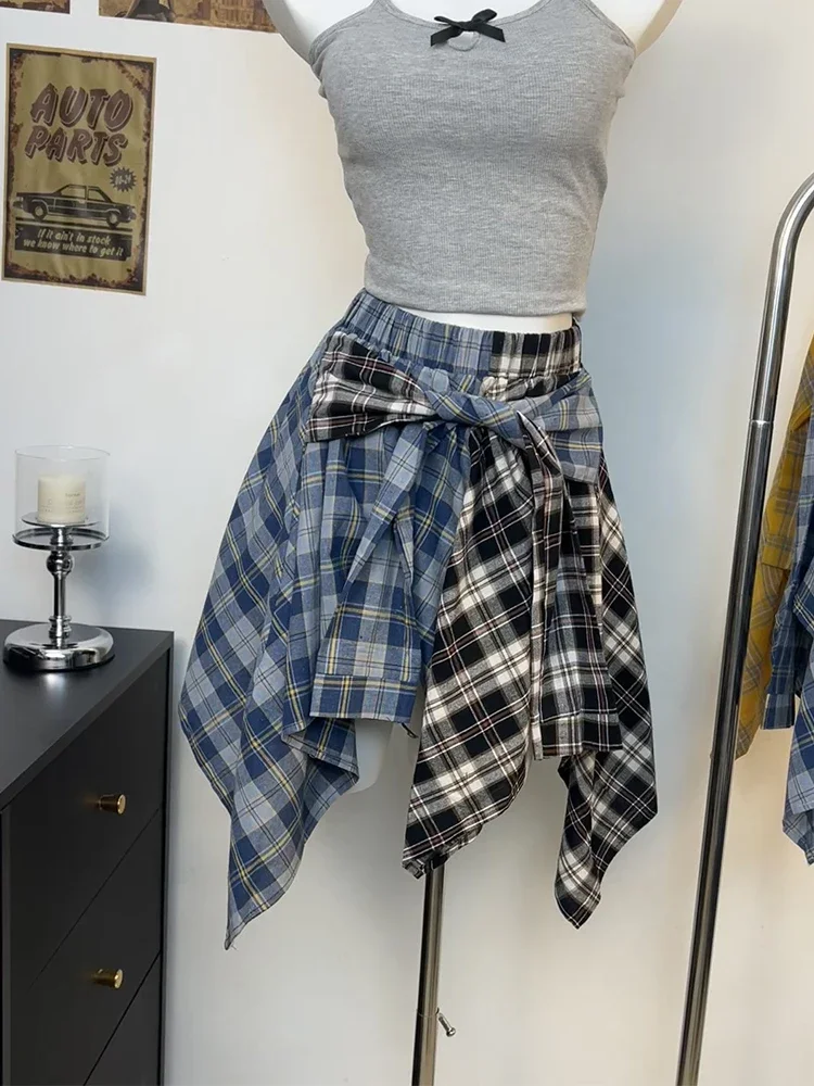 

Summer Women Preppy Harajuku Irregular Mini JK Plaid Pleated Skirt Patchwork Contrast Color Gyaru 2000s Aesthetic Japanese Y2k