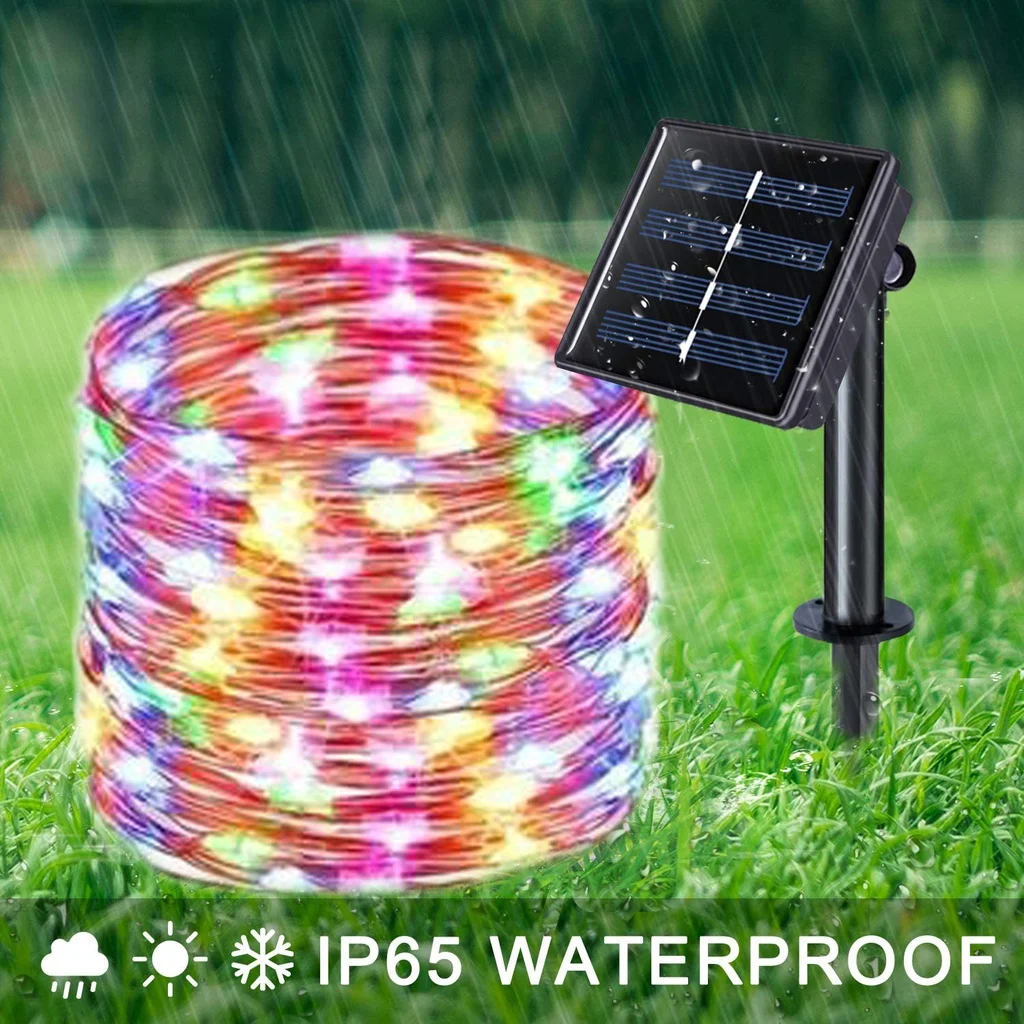 Outdoor LED Solar Fairy String Lights, impermeável Decoração do jardim, guirlanda, 8 modos, fio de cobre, rua, pátio, Natal