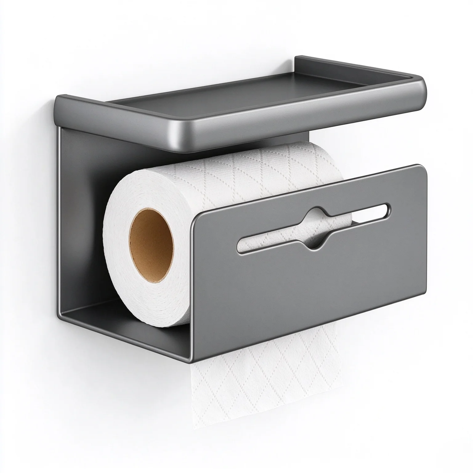 Wall-Mounted Toilet Paper Holder with Shelf, No-Drill Bathroom Tissue Dispenser, Smooth Roll Holder for Phone and Small Items