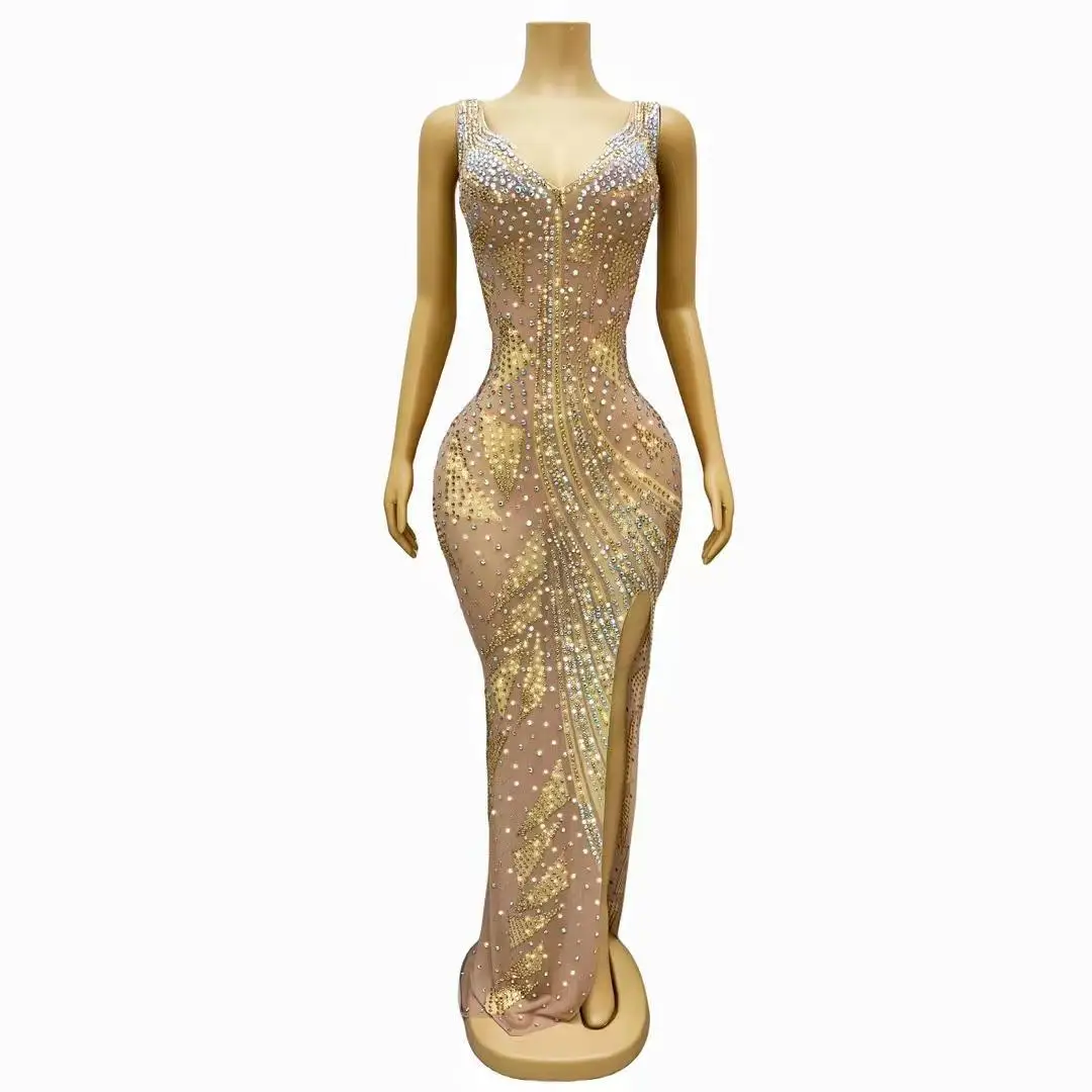 

Sexy Sling Sheath Dress Crytral Diamonds Dresses Evening Party Singer Performance Costume Nightclub Bar Stage Wear Maotouting