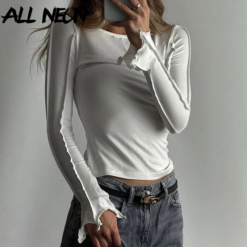 

ALLNeon Acubi Fashion Round Neck Solid Bottoming Shirts Casual Streetwear Irregular Long Sleeve Slim T-shirts Women Y2K Tee Tops