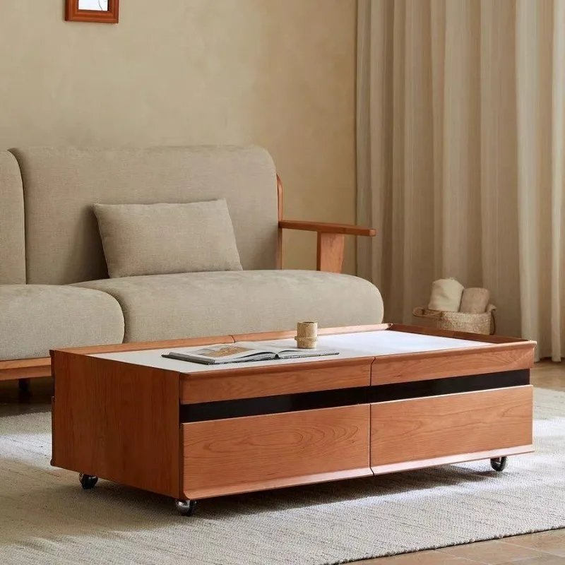 minimalist floor-standing  table for small apartments, combination of sintered stone rectangular solid wood