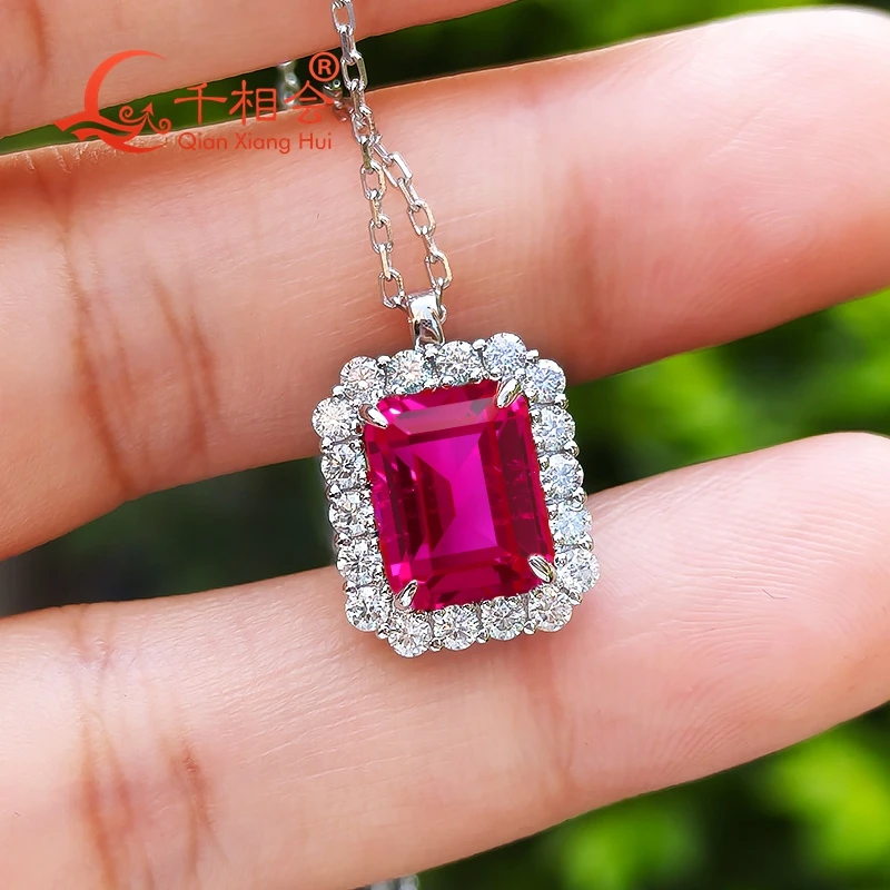 

S925 серебро изумруд 3 карата 7*9 мм голубь кровь красный/розовый цвет лабораторный рубиновый инвертированный белый муассанит камень кулон ожерелье