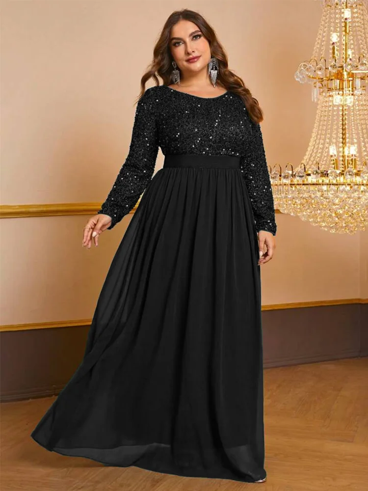 Plus Size girocollo con paillettes multicolore lucido autunno manica lunga abito 5XL 6XL grande formato lucido lungo elegante abito in Chiffon