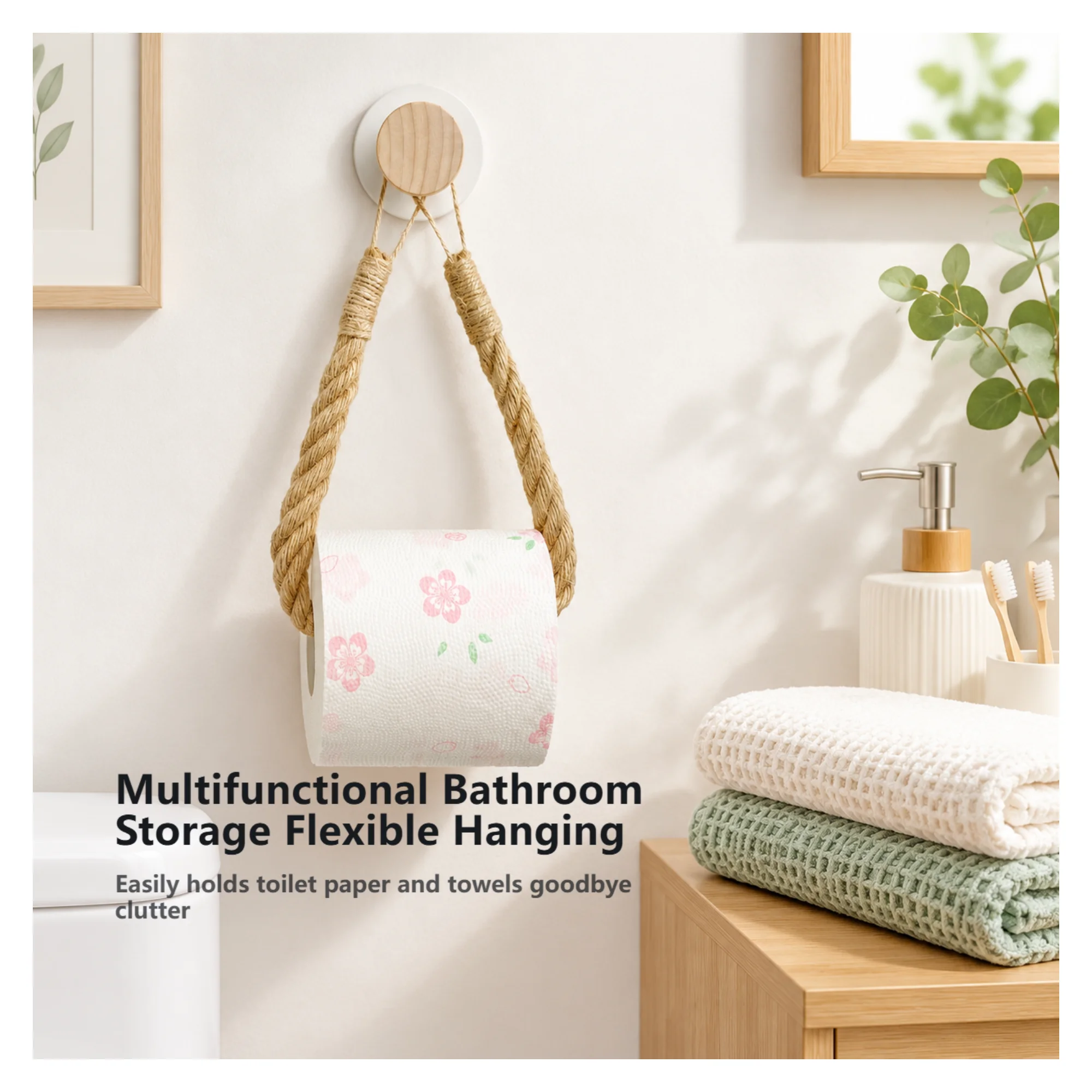 Solid Wood Hemp Rope Woven Towel Rack Punch-Free Wall Mounted Tissue Holder Multifunctional Roll Paper Facial Towel Storage