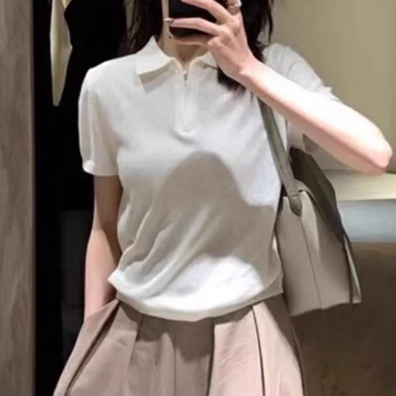 니트 스웨터 여성 풀오버 새로운 화이트 블랙 반팔 니트 스웨터 풀오버 여성 탑스 턴다운 칼라 니트웨어 Q2645