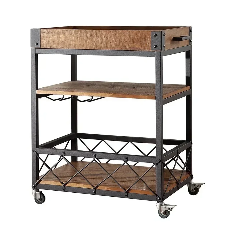 American Solid Wood Dining Car Home Kitchen Retro Mobile Trolley Wine Cart Hotel Restaurant Food Delivery Cart Customization