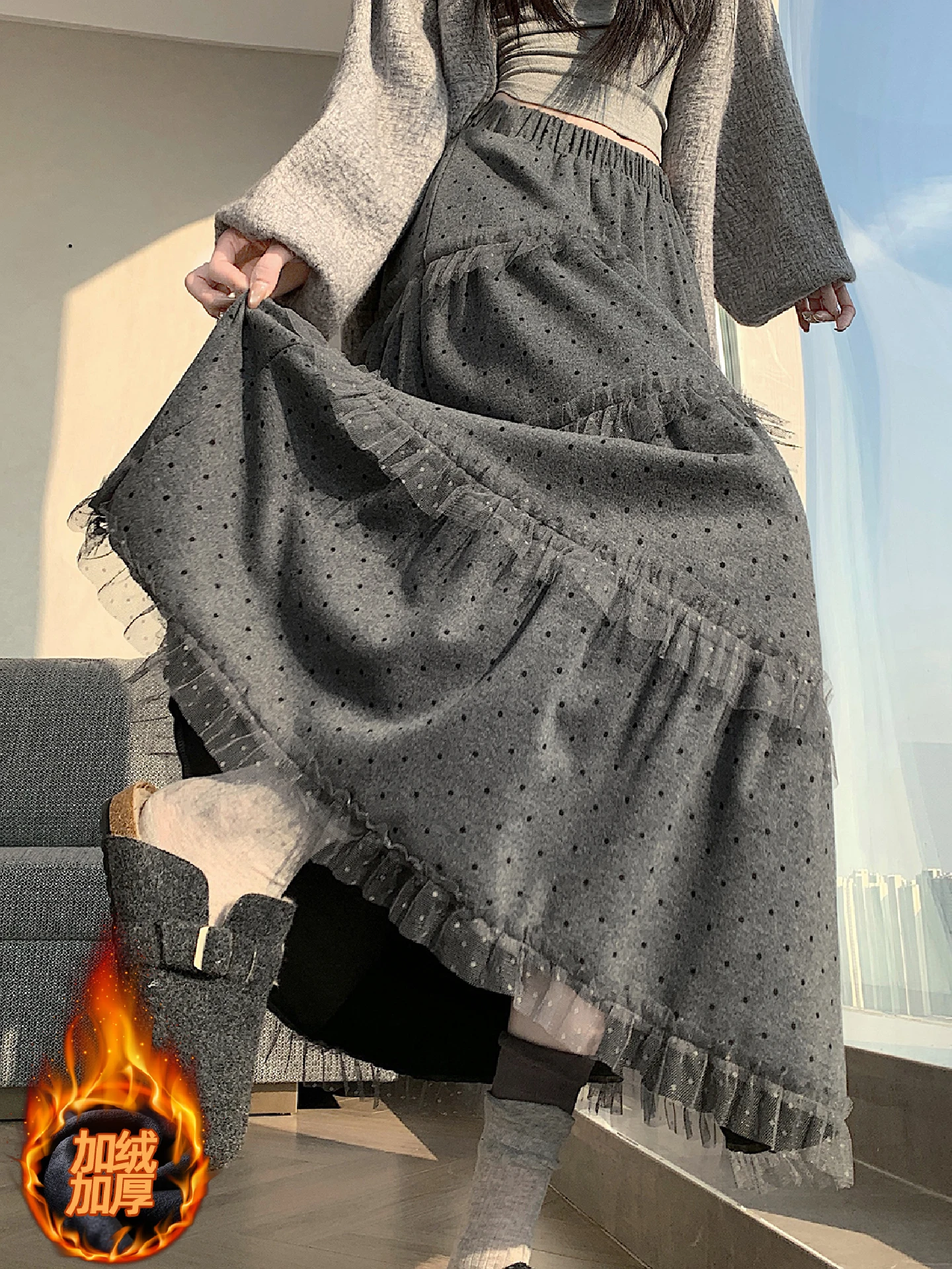 Polka Dot Spitzenbesatz Rock für Damen, Winter, Warm, Hohe Taille, Schlanker A-Linien-Wollrock, Koreanischer Stil