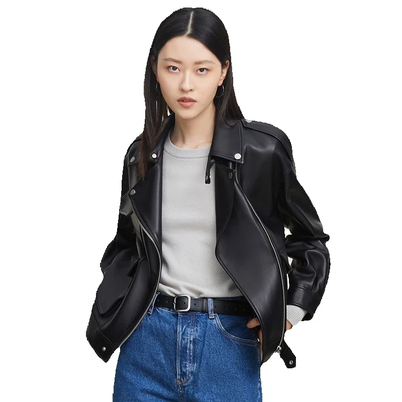 

Black Genuine Leather Jacket For Women's Spring New Loose Motorcycle Sheepskin Women's Jacket Jacket Jacket
