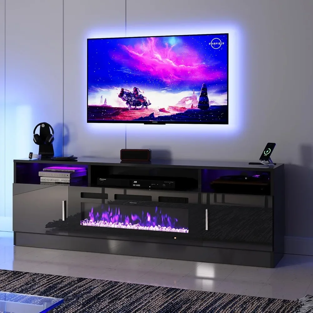 

70" Fireplace TV Stand with Power Outlet for TVs,Electric Fireplace Entertainment Center with LED Lights &Storage Cabinets