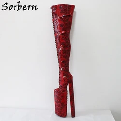 Sorbern 40cm Super High Heel Women Boots Customized Block High Steep Visible Platform Red Python Lace Up Straps Round Toe