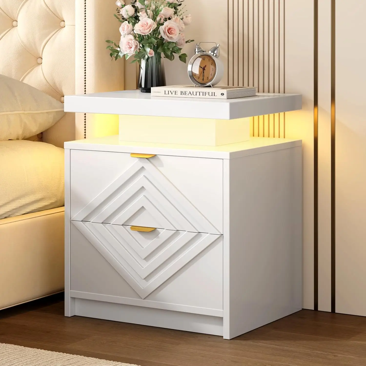 Phone Charging Function For Bedroom Or Living Room Decor &Contemporary Smart Multifunctional Nightstand With Ambient Lighting &