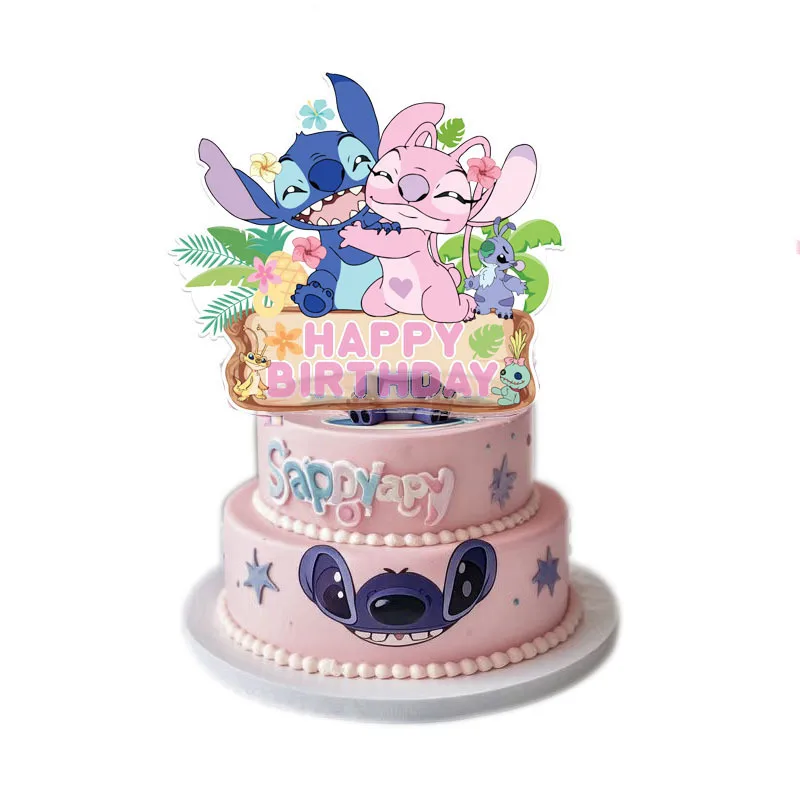 1 مجموعة ليلو وستيتش كعكة توبر الوردي ستيتش كب كيك توبر للأطفال عيد ميلاد سعيد كعكة الديكور استحمام الطفل هدايا الحفلات #2