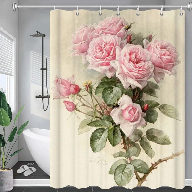 Colorful Tulip Rose Flowers Trees Shower Curtain Bathroom Curtains Nature Flower Waterproof Polyeste Fabric Home Bathtub Decor