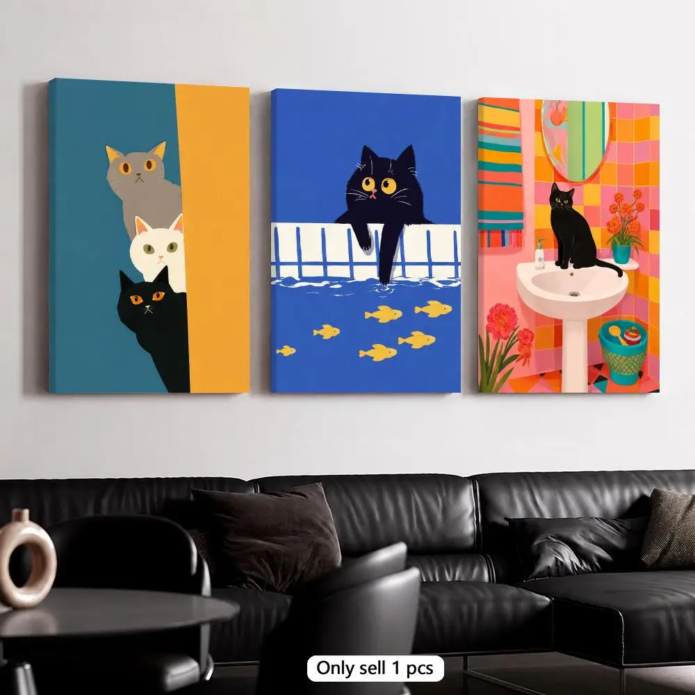 Colorful Cute Cat Framed Wall Painting Canvas Art Poster Solid Wood Frame for Room Living Home Decor