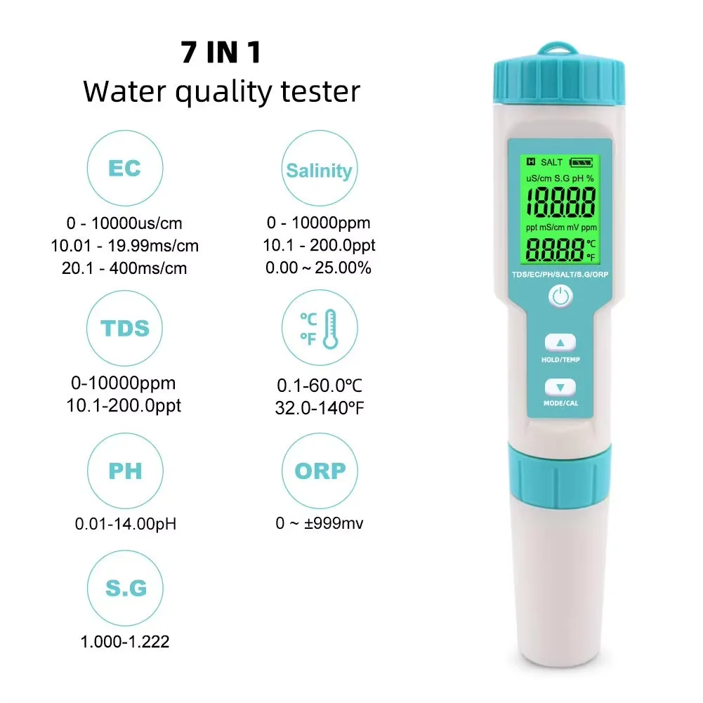 Multi Functional Digital Portable 7 in 1 pH Orp Salinity TDS/EC/TEMP Meter  Water Quality Tester for Swimming Pool /fish tank