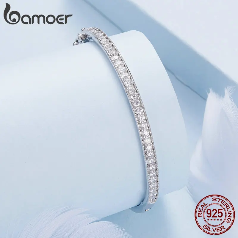 BAMOER 925 Sterling Silver CZ Bangle Bracelet Plated in Platinum Fine Jewelry Gift for Mom Women Wife Girls BSB130