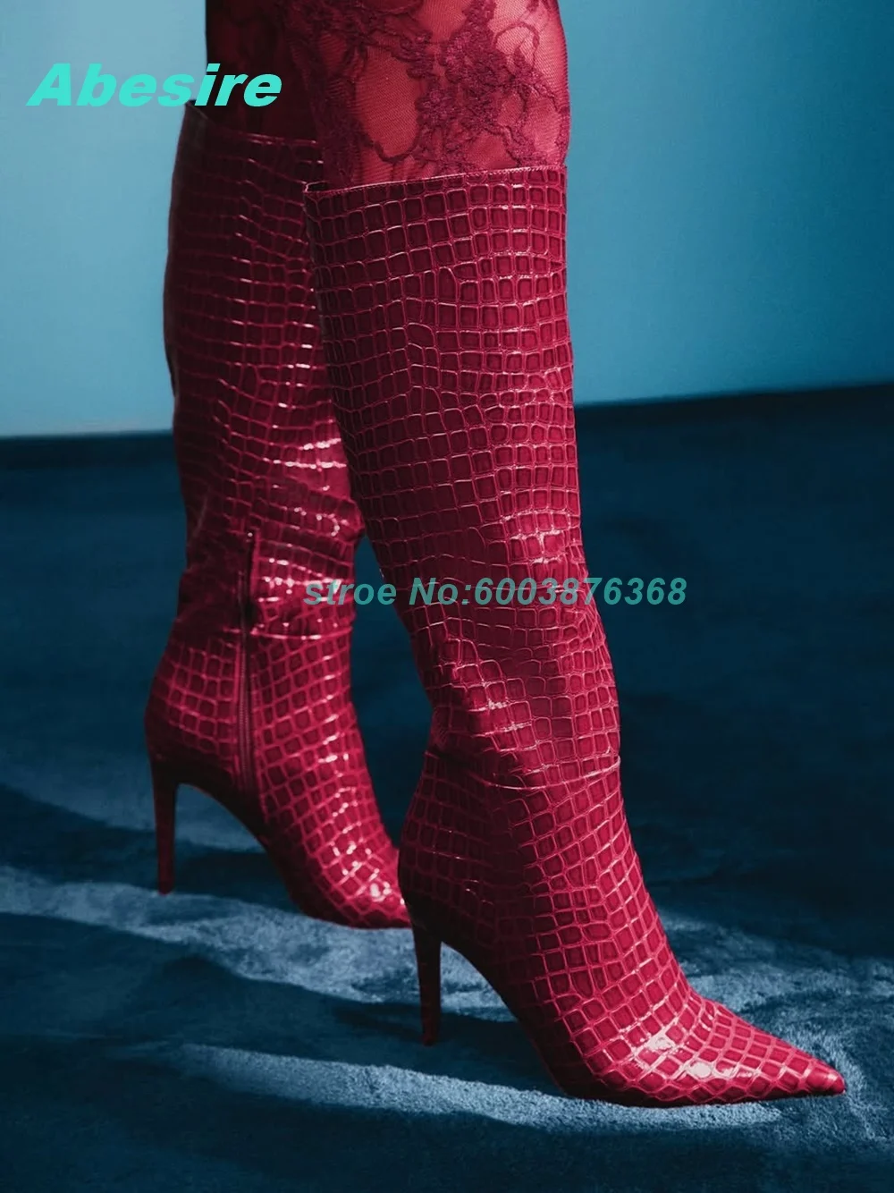Burgundy Crocodile Embossed Knee High Boots Pointed Toe Stiletto Heel Side Zipper Women's Boots Winter Party Fashion Shoes