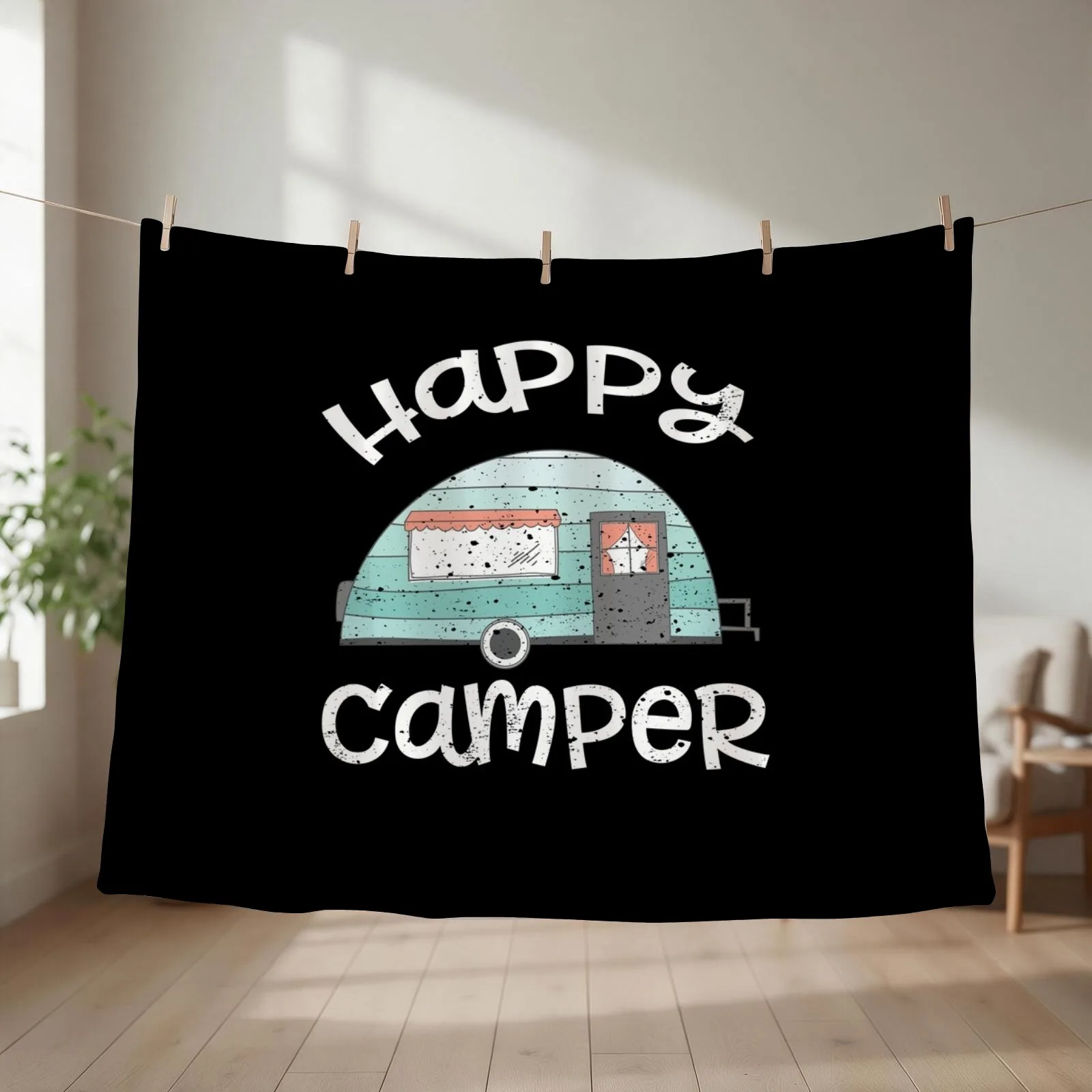 Happy Camper Retro Trailer RV Caravan Camping Throw Blanket couch cozy soft plush fuzzy picnic outdoor blanket