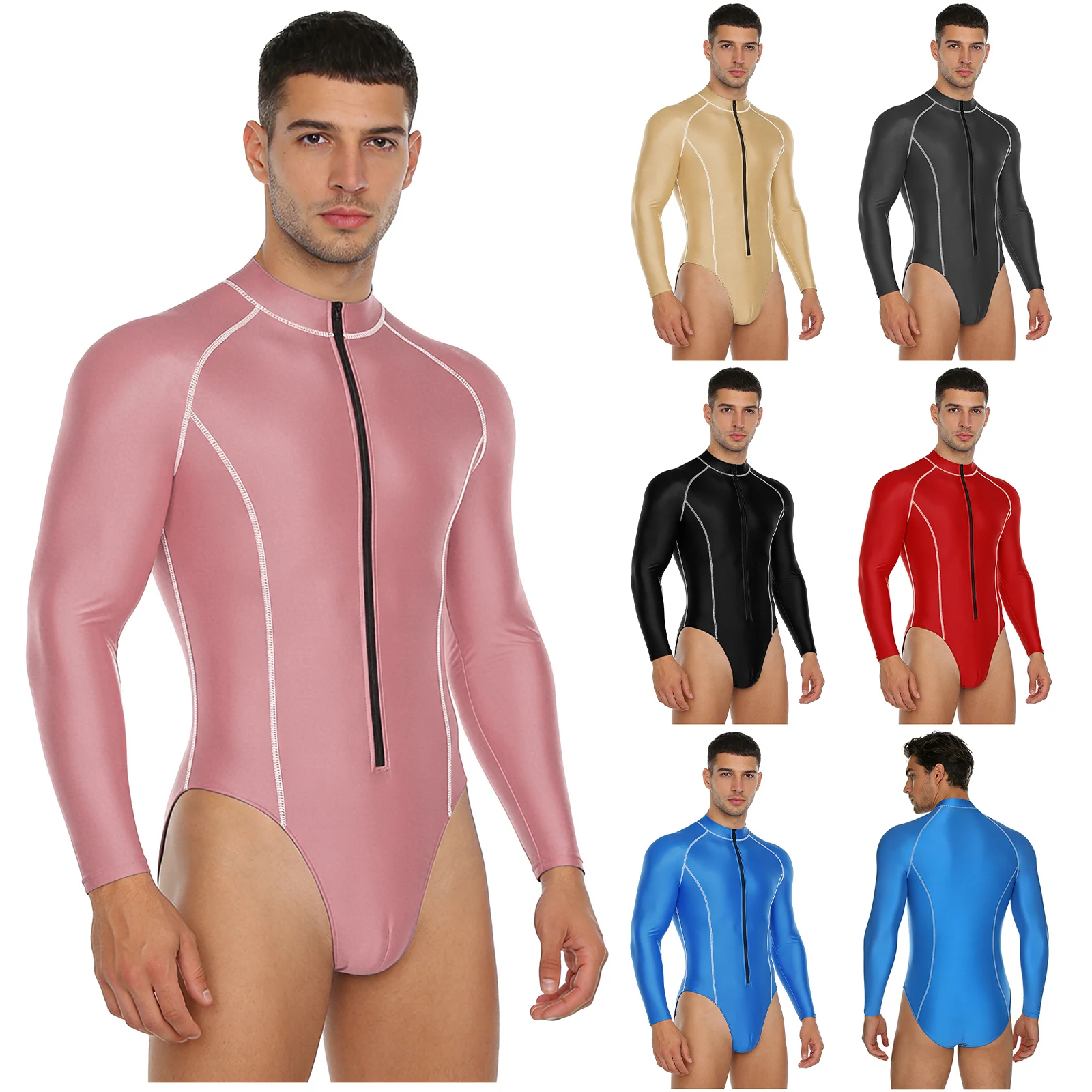 Herren-Badeanzug mit Glanzoptik, Rash Guard Schwimmanzug mit Langen Ärmeln, Frontreißverschluss, Hochgeschnittener Leotard-Jumpsuit für Surfen und Schwimmen – Detail 2