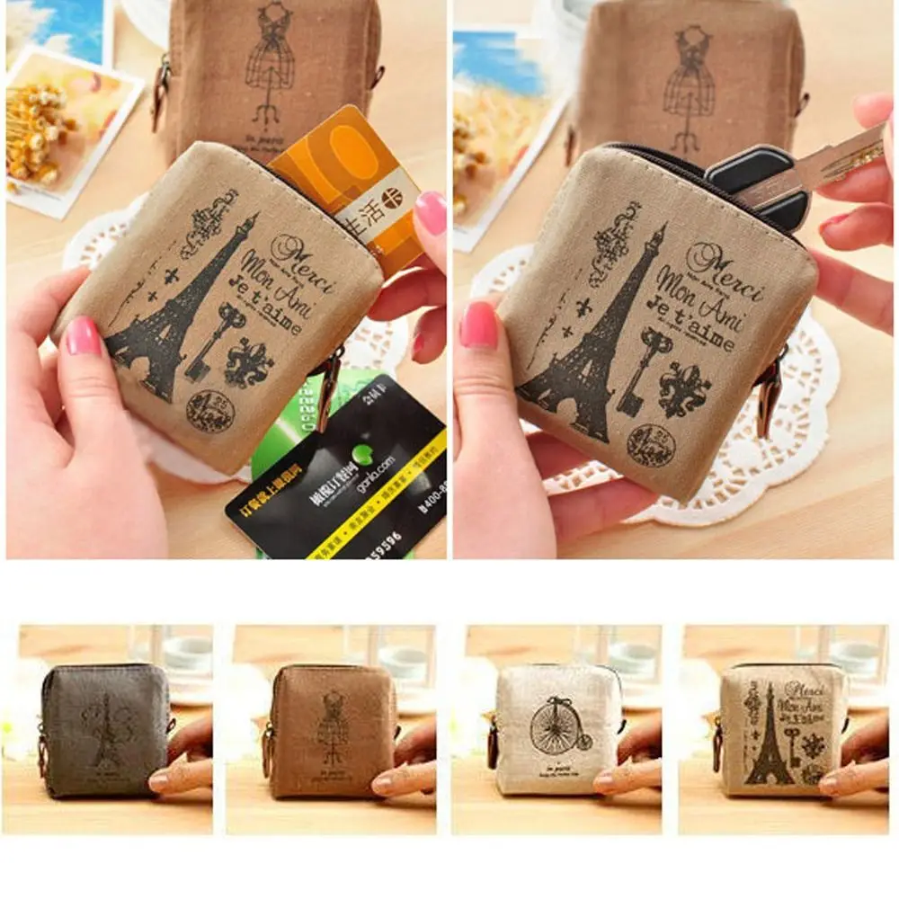 심플 천 소재 레트로 동전 지갑 빈티지 프린트 미니 화장품 가방 지퍼 카드 홀더 지갑 여성용