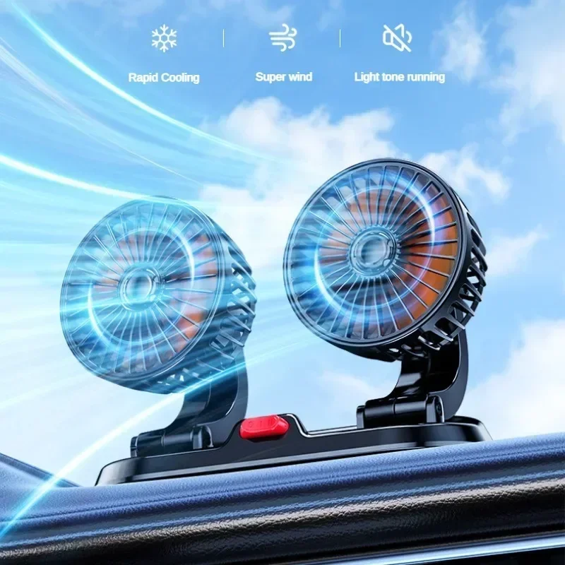 Auto-Lüfter, USB/12 V/24 V, Doppelkopf, verstellbar, 360° °   Elektrischer Auto-Ventilator, leiser, multifunktionaler, temporärer Parkkarten-Autoventilator mit 2 Geschwindigkeiten