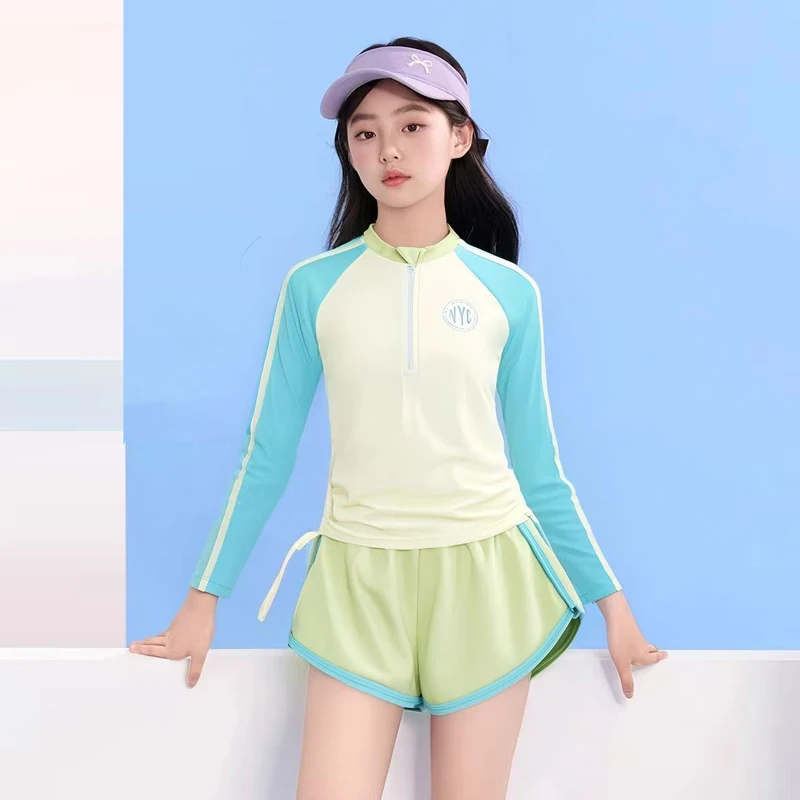Double Layers Shorts Girls Swimwear Two-Pieces Suits Summer Beach Clothes Kids Long-sleeve Swimsuit Fwimming Pool Clothes
