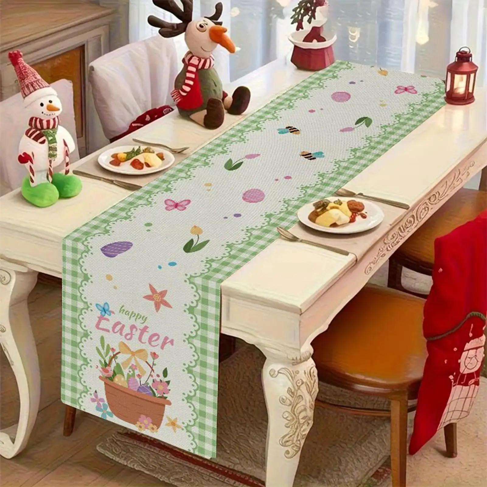 Easter Theme Table Runner 33x120cm Easter Egg Print Tablecloth Happy Easter Eggs Bunny Linen Table Runner for Holiday Party