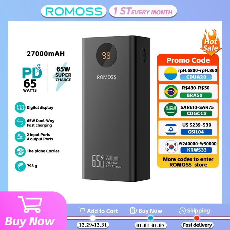 ROMOSS PEA27S PRO Powerful Power Bank 65W PD30W Fast Charging 27000mAh External Battery For Xiaomi 14 Xiaomi  iphone 15 Laptop