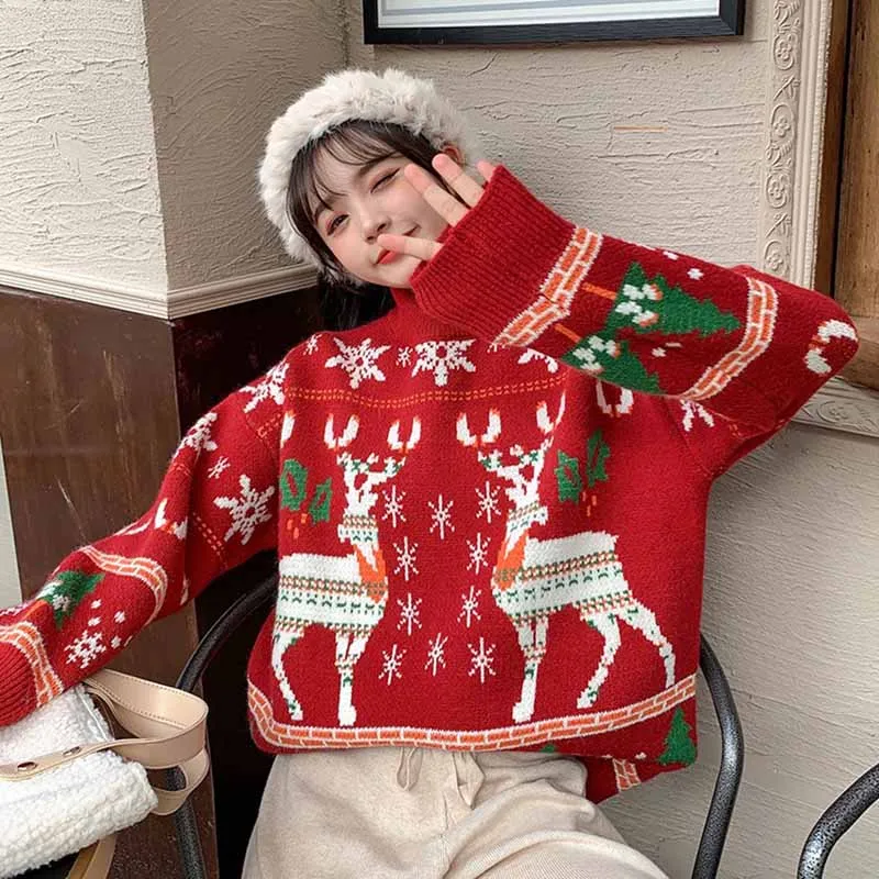 2023 Womens Sweet Christmas Sweaters Fashion Loose Knitted Pullovers Autumn Winter Thicken Warm Sueter Mujer Knitwear Jumper