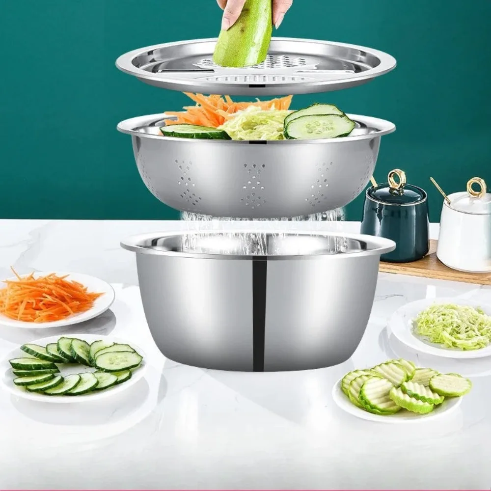 Juego de rebanador de verduras de acero inoxidable de 3 piezas, rebanador de frutas y patatas reutilizable, cesta escurridora para fregadero de verduras fácil de limpiar