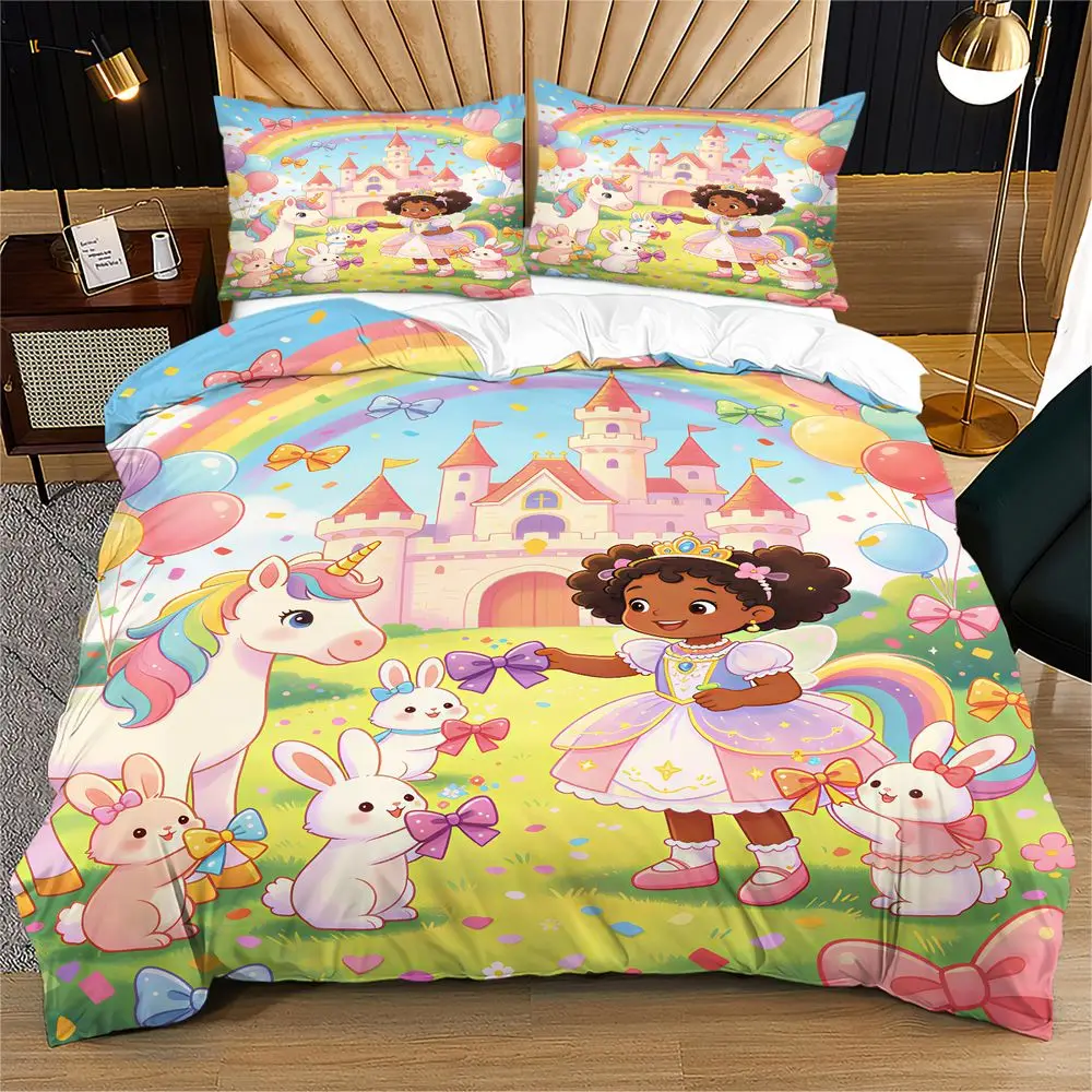 Rainbow Castle Unicorn Princess Duvet Cover Set Comforter Cover Bedding Set No Filler HD Cute Soft Cozy Bedroom Bed Cover