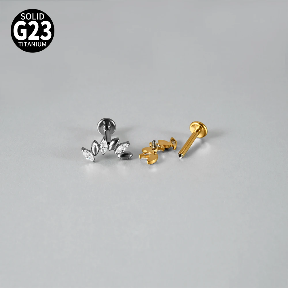 6pcs Titanium Labret Stud Earring Marquise CZ Zircon Leaf Cartilage Tragus Helix Piercing Anti‑Allergy Body Jewelry for Women