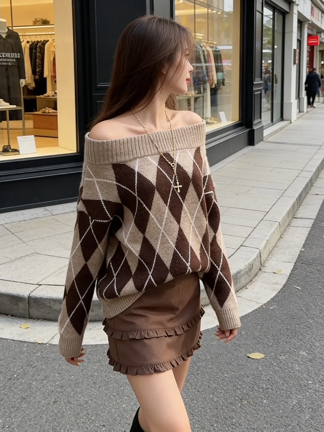 

Korean Sle Warm Plaid One oulder Loose Knitted Sweater Slimming Design Winter New Arrival Women's Faion Online Exclusive